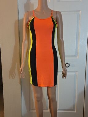 TRUE ROCK Neon Orange & Yellow Colorblock Bodycon Mini Dress